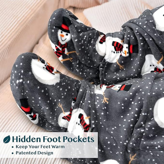 PAVILIA Fleece Blanket with Sleeves, Foot Pockets for Women Men Adults, Plush Wearable Blanket Throw Wrap, Warm Snuggle Blanket Robe, Cozy Gift Ideas Wife Mom, Snowman Gray