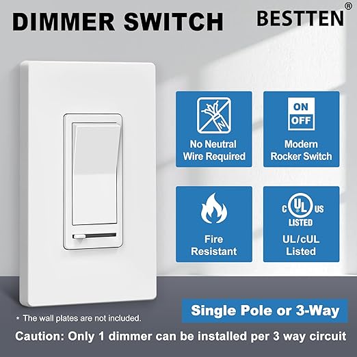 BESTTEN 10 Pack Dimmer Light Switch, Single Pole or 3-Way, Slide Dimmer Switches, Compatible with Dimmable LED, CFL, Incandescent and Halogen Bulb, Neutral Wire Not Required, 120VAC, UL Listed, White