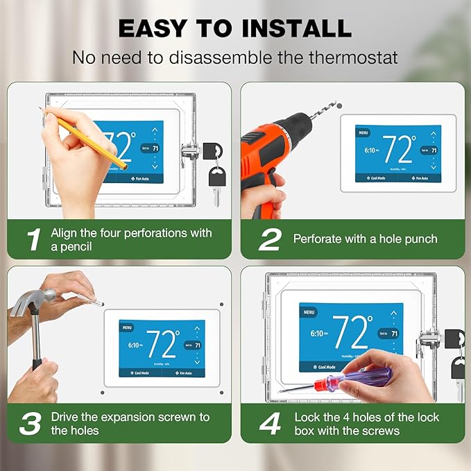 AUURIO 3 PCS Upgraded Thermostat Lock Box with Key, Large Space Thermostat Cover Seamless Anastomosis, Clear Decorative AC Lock Box Cover on Wall Fits Thermostats 4.8" H x 6" W or Smaller