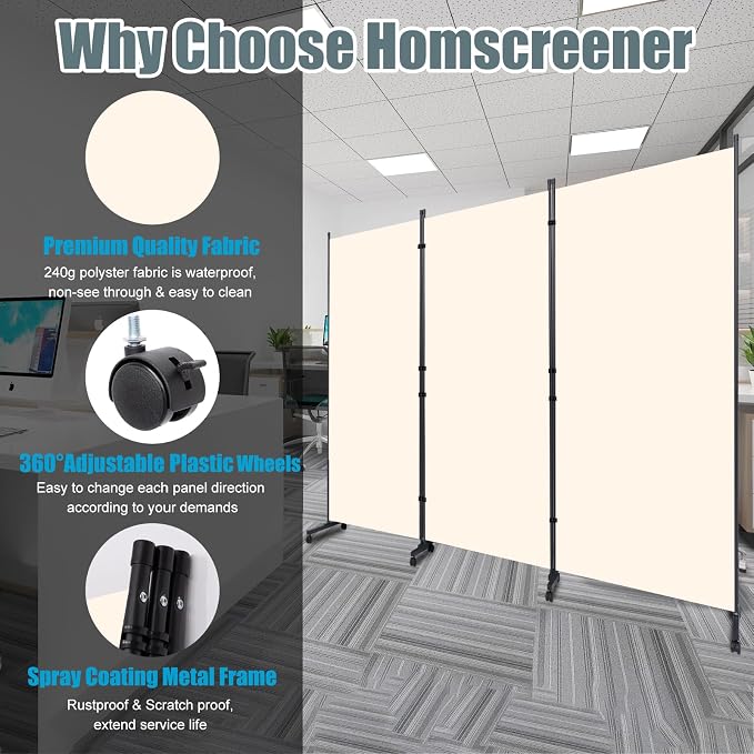 Room Divider 102'' Wide Folding Privacy Screen, 3 Panel Wall Divider w/Wheel | - Image 3