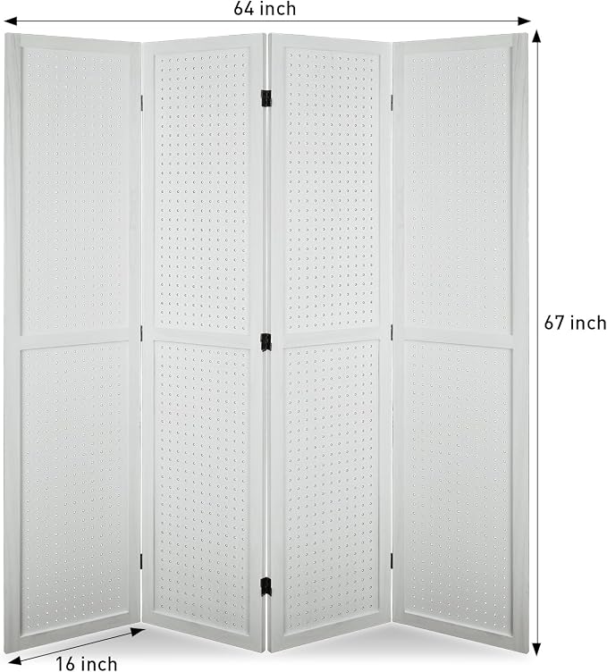 4 Panel Pegboard Room Divider | White Wood Folding Privacy Screen - Image 2