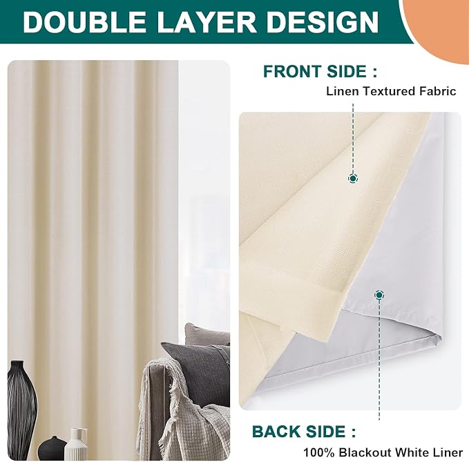 Diraysid 100% Blackout Curtains Light Beige Linen Curtains - Image 3