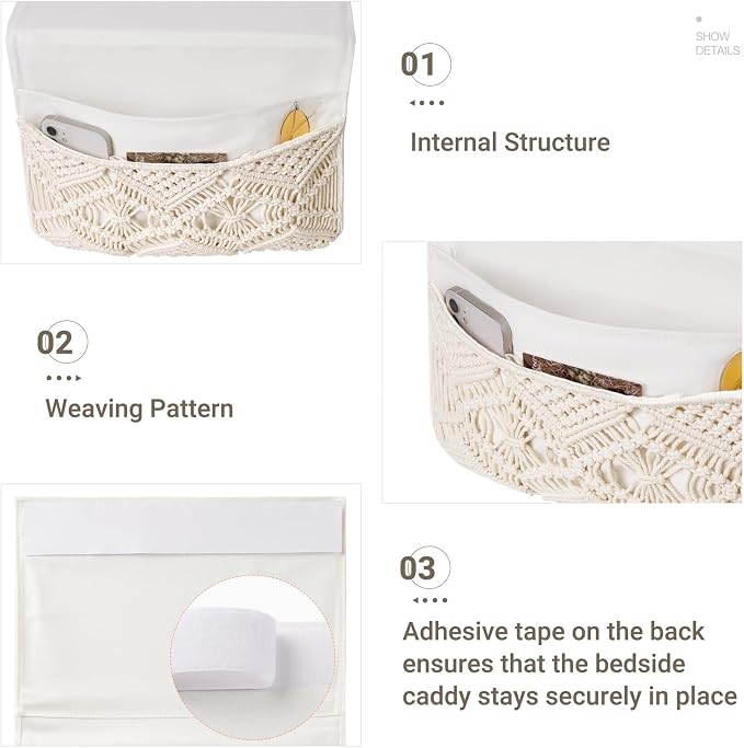 Mkono Macrame Bedside Caddy, Boho Bed Storage Organizer, 4 Pockets Ivory | Dorm - Image 5