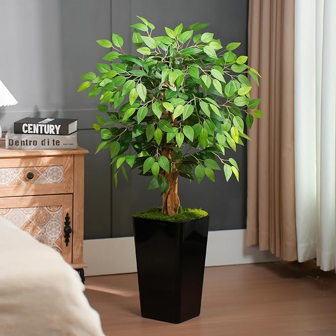 4ft Ficus Artificial Tree with 3 Natural Curved Trunks, 48" Tall Lush Faux Tree for Home Decor Indoor, Green Lifelike Fake Ficus Tree with Black Planter Pot