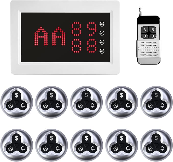 Wireless Calling System Call Waiter Restaurant Pager System with 1 Number Display and 10 3-Key Waterproof Call Buttons for Restaurant Bar Cafe Customer Service