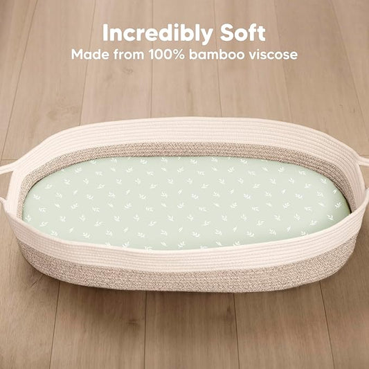 2-Pack Baby Bassinet Sheets Girl, Boy - 33x17 Viscose Derived from Bamboo Bedside Mattress Fitted Bassinet Sheets, Compatible with Halo Bassinest Swivel Sleeper, Baby Delight, Graco (Herb)