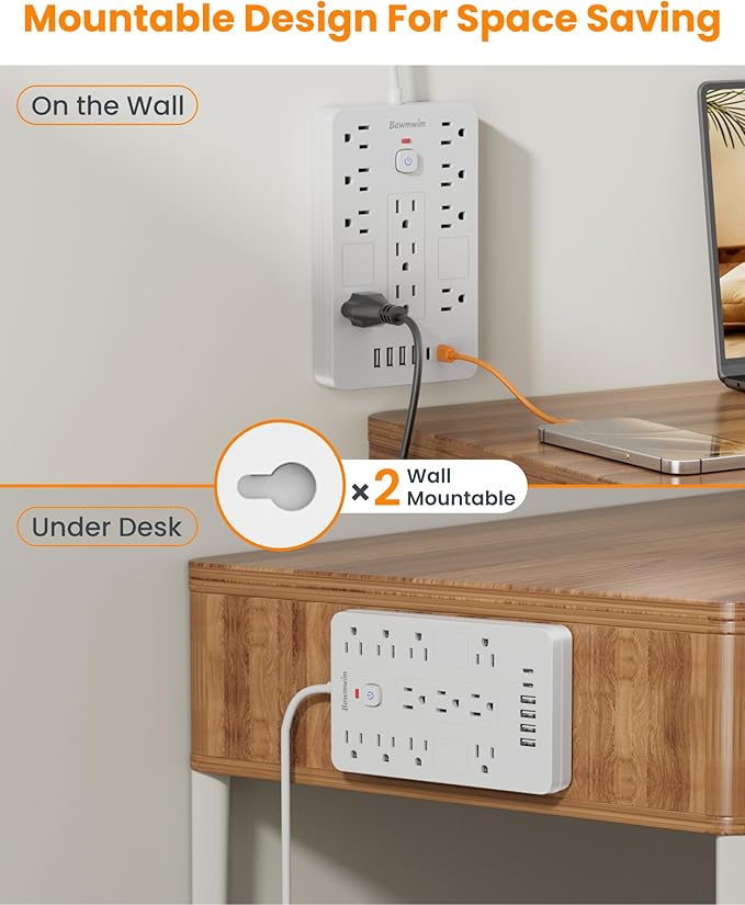 Bawmwim Surge Protector Power Strip - 11 Outlets(1850W/15A) with 6 USB Ports(2 USB C), 6FT Flat Plug Extension Cord, Wall Mount, White,Listed for Home, Dorm Room