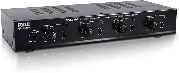 Pyle 4 Channel Speaker Selector Switch - Multi Zone A B Speaker Distribution Controller Box w/Independent Audio Source Volume Control, Supports Home Theater Stereo Amplifier Receiver System - PSLSW4