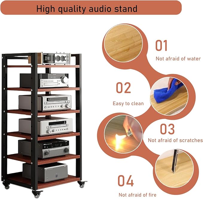 Dernoing 6 Tier Audio Rack Tower, CD Record Player Stereo Receiver AV Equipment Cabinet Display Rack, Weight Capacity 661 lbs, with Adjustable Wooden Shelves for Home (6 Tier Teakwood)