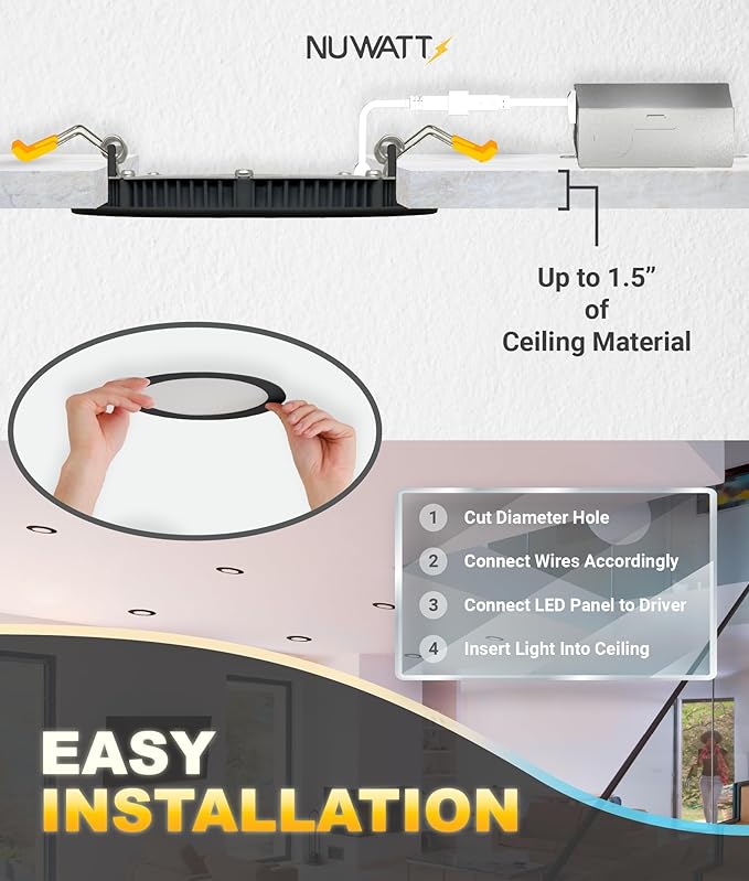NUWATT 6 Pack, 4 Inch Ultra-Thin LED Recessed Lighting Black, 5CCT 2700K/3000K/3500K/4000K/5000K Selectable, 630LM, 9W, IC Rated, Dimmable Canless Wafer Light, Damp Rated Pot Lights with Metal J-Box