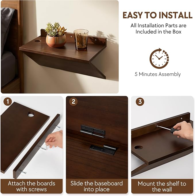Floating Nightstand Set of 2 Walnut Bedside Table Wall Mounted Wood | Z-Shape - Image 9