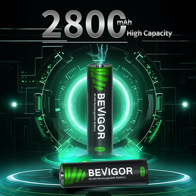 BEVIGOR AA Rechargeable Batteries 1500 Cycle, 2800 mAh High Capacity 1.2V NiMH Low Self Discharge AA Battery, 12 Count