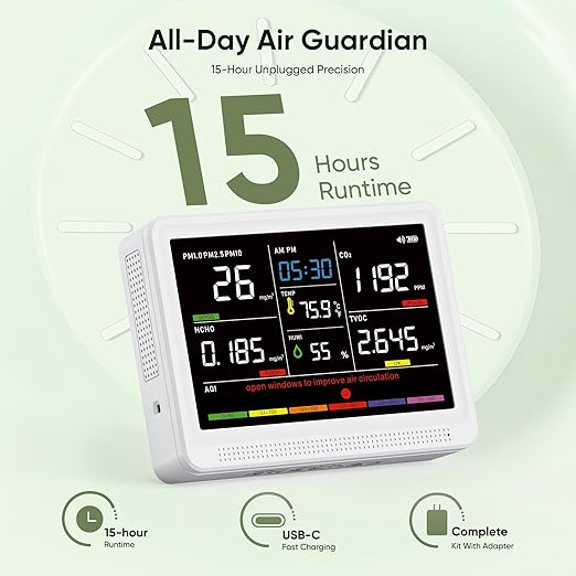 bonoch Upgrade 16 in 1 Air Quality Monitor Indoor 15h Battery & 5.5" Display 9 AQI+7 AQI Alerts, CO2 Monitor Air Quality Tester for CO2, TVOC, PM2.5 PM1.0 PM10, HCHO Temperature Humidity AQI & Time