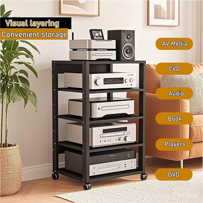 Dernoing 5 Tier Audio Rack Tower, CD Record Player Stereo Receiver AV Equipment Cabinet Display Rack, Weight Capacity 661 lbs, with Adjustable Wooden Shelves for Home (5 Tier Black)