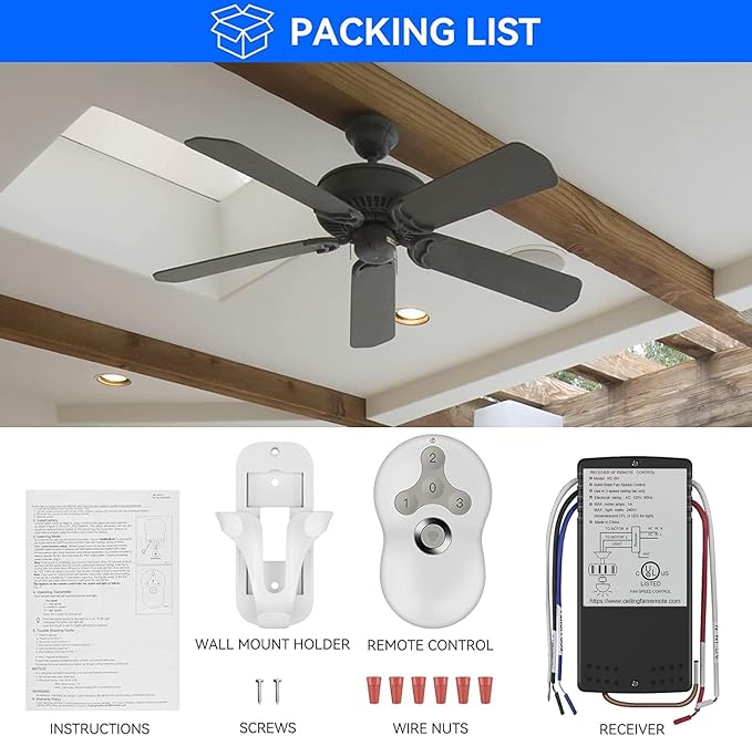 Universal Ceiling Fan Remote Control Kit, 3-Speed Fan and Dimmer Light Control, Easy DIY Install, Replacement for Hunter Hampton Bay Harbor Breeze Litex and More Brands (Models 99122, 99123, 99600)