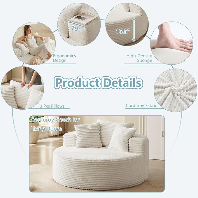 55'' Oversized Round Chair Lounge Chaise Indoor, Cloud Corduroy Upholstered - Image 7