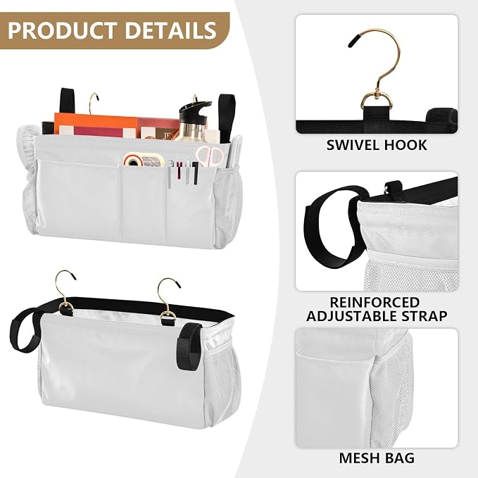 White Bedside Caddy Storage Bag Bedside Organizer - Image 5