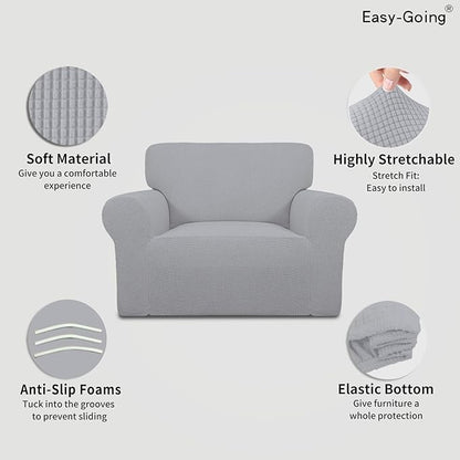 Easy-Going Stretch Oversized Chair Sofa Slipcover 1-Piece Couch Sofa Cover Furniture Protector Soft with Elastic Bottom for Kids Spandex Jacquard Fabric Small Checks Silver Gray