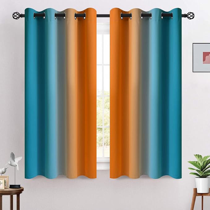 COSVIYA Grommet Ombre Blackout Orange and Blue Curtains, W52 x L54 inch | Room - Image 2