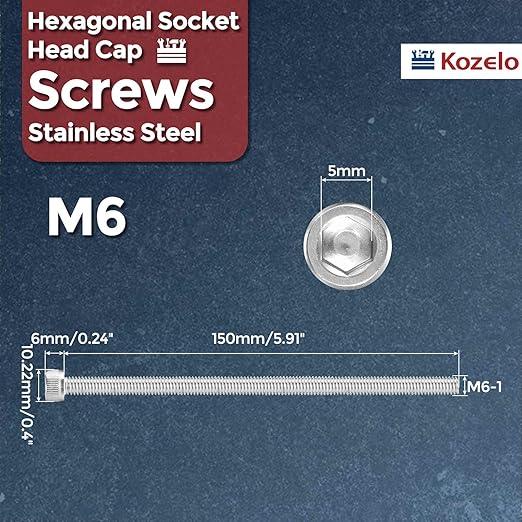 Kozelo 5pcs Socket Head Cap Screws - [M6-1 x 150mm] 304 Stainless Steel Allen Socket Drive for Electrical Motor 3D Printing Fan Engine Replacement Use, Silver