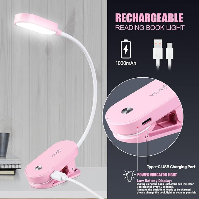 VAVOFO Rechargeable Book Light, 14 LEDs Eye Care Clip On Amber Reading Light - Image 4