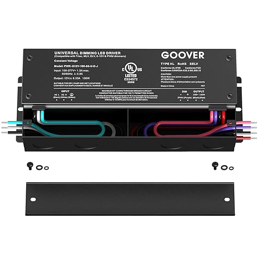GOOVER 100W Dimmable LED Driver, 12V Triac Dimmable Power Supply, AC to DC Transformer for LED Light, Compatible with Lutron and Leviton Dimmer, Waterproof IP67 and UL Listed