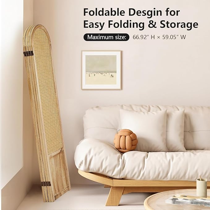 Rattan Room Divider, 4 Panel Folding Room Screen Divider, Natural | Woven - Image 5