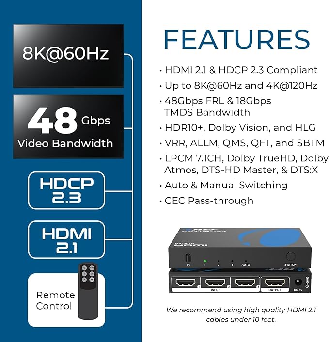 OREI HDMI Switch with Remote – 4K@120Hz 4:4:4 or 8K@60 4:2:0 HDMI Switcher – HDR10+, Dolby Vision, VRR, ALLM, CEC – HDMI Switch Perfect for PS5/Xbox, Blu-ray Players, Fire TV