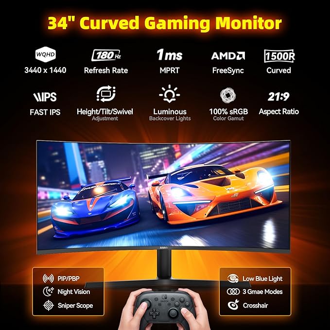 MNNM 34 Inch Ultrawide Gaming Monitor - 21:9 WQHD 3440 x 1440 R1500 Curved Computer Monitor for Gamer, 180Hz 1ms AMD FreeSync PIP/PBP Crosshair TÜV Eye Care, HDMI 2.0 & DP1.4, Tilt/Height/Swivel Stand