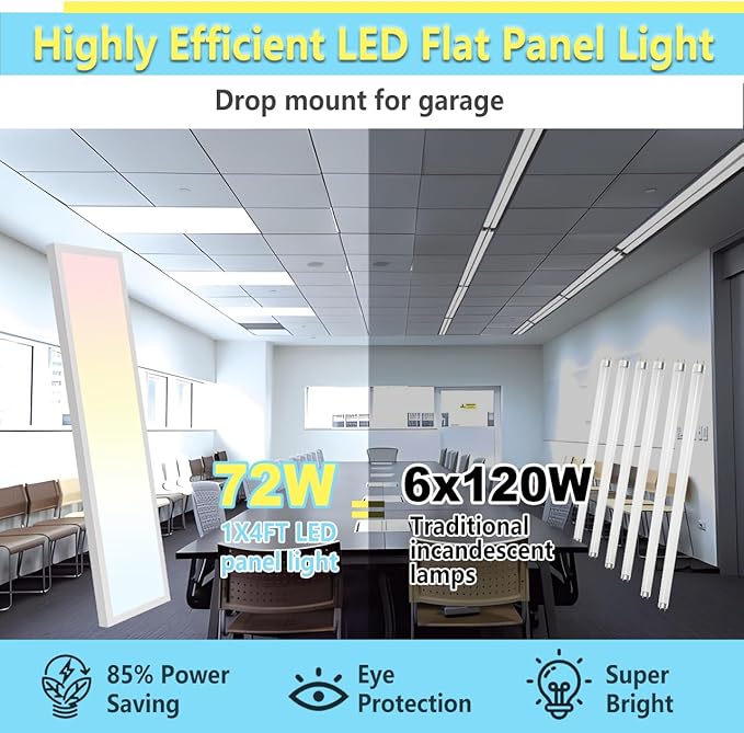 HOLDWILL 1X4 FT Led Flat Panel Light, 6 Pack 5CCT 3K/4K/4.5K/5.2K/6K Surface Mount Ceiling Light,Dimmable 5 Wattage Adjustable Edge-Lit Flush Mount or Drop Ceiling for Office,Shop and Super Market