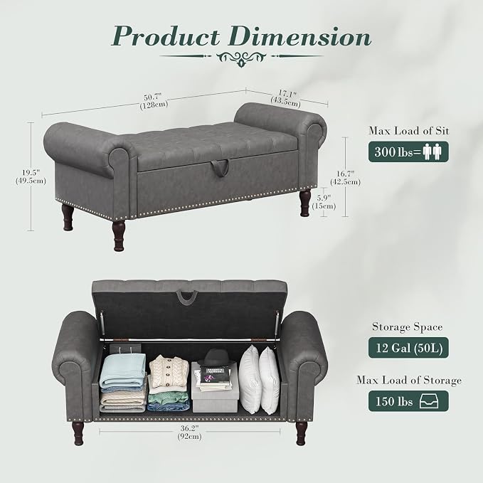 Apicizon 51” Bench with Storage, Upholstered Tufted Button Bedroom Bench with - Image 2