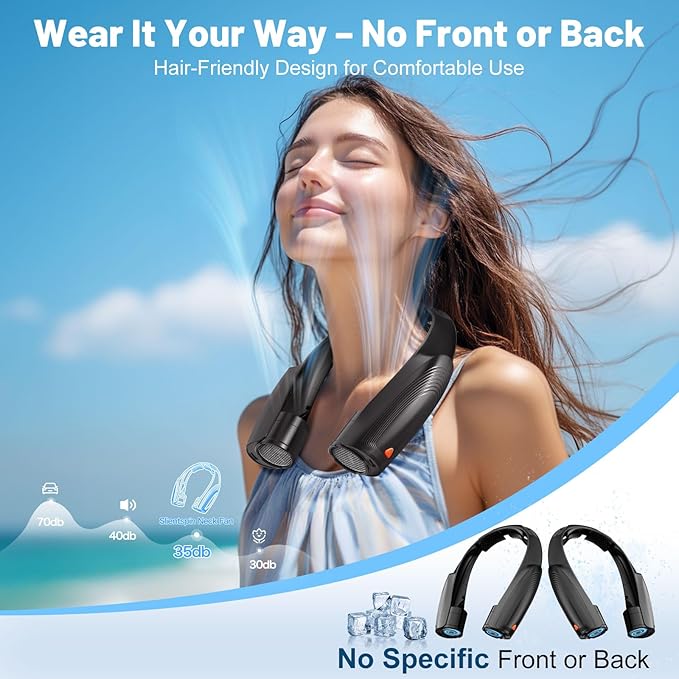 Slientspin Portable Neck Fan with 6 Powerful Speeds, 8000mAh Battery Operated USB-C Rechargeable Fan, Hands-Free 360° Cooling Personal Neck Fan Gift for Women Men Travel Concerts(Black)