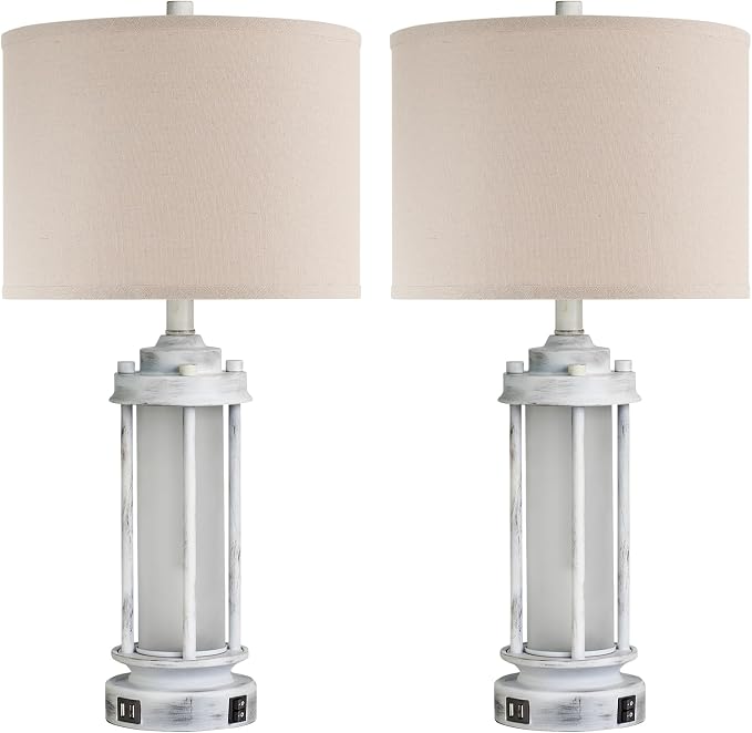 AIEAMPDO 25" Set of 2 Antique White Rustic Table Lamps 2 USB C+A Ports | - Image 8