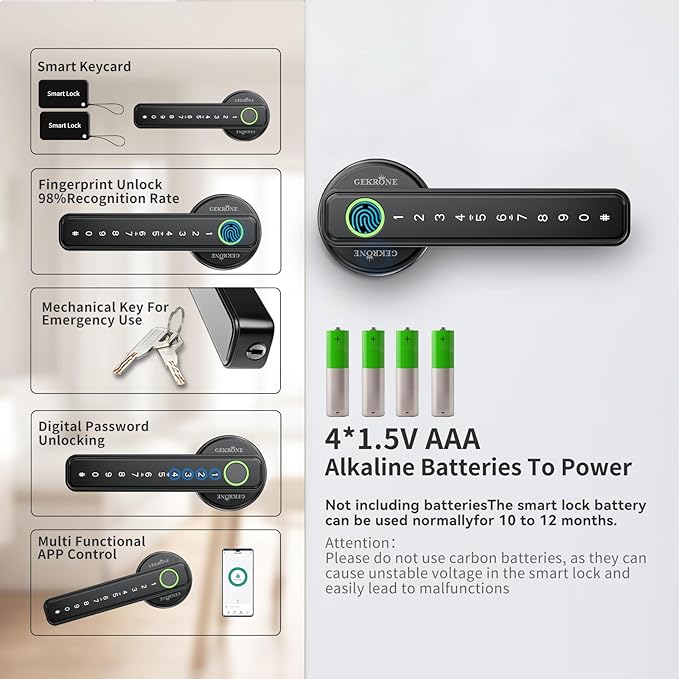 GEKRONE Fingerprint Smart Lever Lock TUYA APP Control Keyless Entry Bluetooth Touchscreen Indoor Handle Biometric Electronic Digital Door Knob with Keypad Suitable for Hotel Office Apartment Bedroom