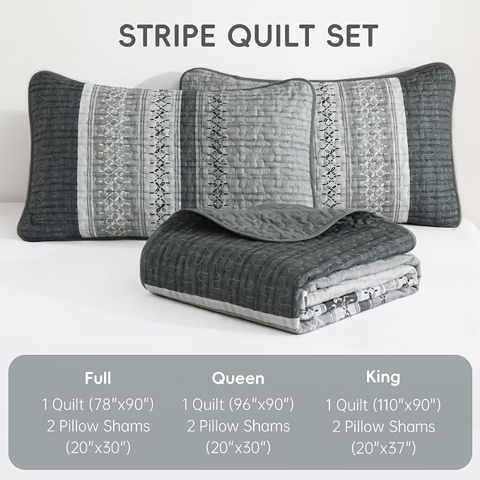 Cottolester Gery Quilt Set Queen, Soft Striped Texture Bedspread Coverlet | - Image 7