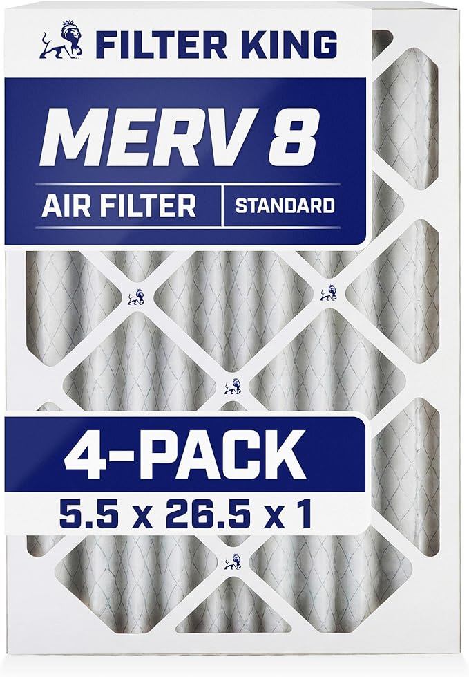 Filter King 5.5x26.5x1 Air Filter | 4-PACK | MERV 8 HVAC Pleated A/C Furnace Filters | MADE IN USA | Actual Size: 5.5 x 26.5 x .75"
