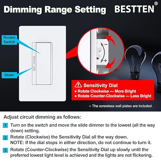 BESTTEN 6 Pack Super Slim Dimmer Light Switch, Quiet Rocker, Single Pole or 3 Way Dimmable Switch, Max 300W LED, CFL, 600W Incandescent, Screwless Wall Plate Included, ETL Listed, White