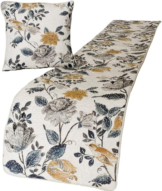 The HomeCentric King/Queen/Twin Blue & Ivory Designer King 90"x18" Bed Runner with 2 Pillow Cover, Bird, Pearl & Quilted Bed Scarf on Linen Fabric - Vintage Birdena
