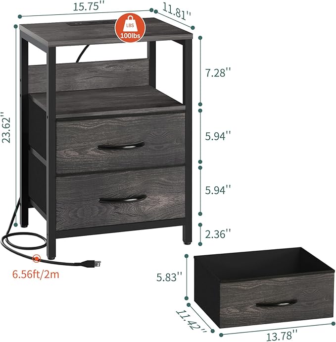 Yoobure Nightstand with Charging Station, LED Night Stand with Fabric Drawers - Image 3