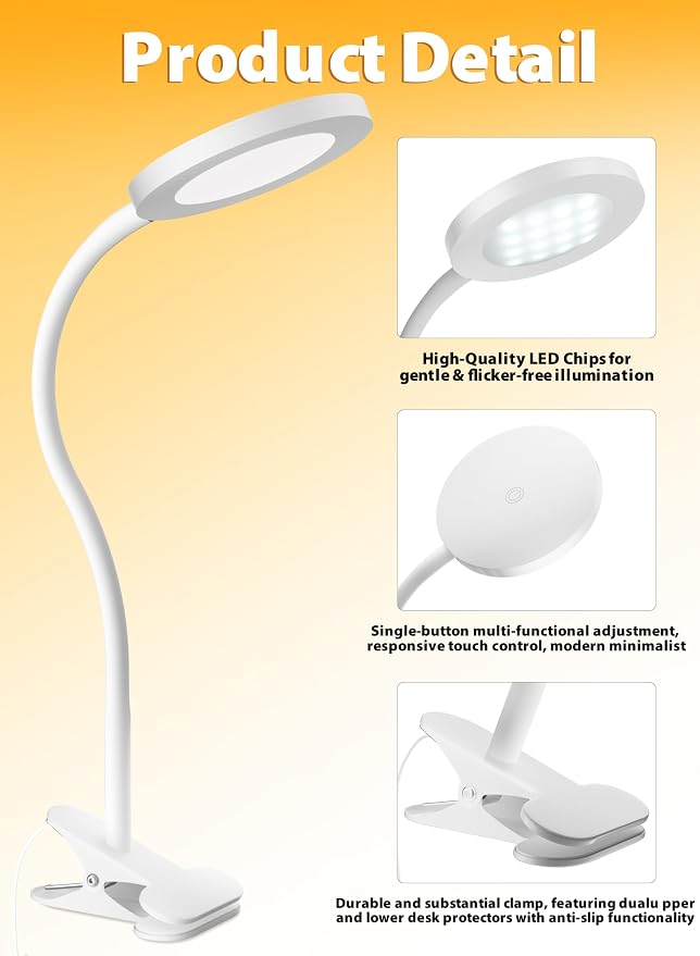 White Clip On Reading Light, 450LM Book Light, 3 Modes Stepless Dim | CRI95 - Image 3