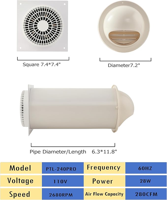 MEOZRI Through-the-Wall Ventilation Fan Exhaust Fan White Cover 6-inch Diameter Vent with 11.8 inch Length 280 CFM