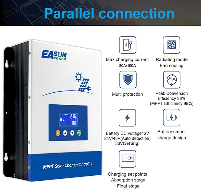 POWLAND 100A MPPT Solar Charge Controller,12V/24V/36V/48V Auto,Max Input 150V LCD Display Regulator Intelligent Regulator Charge Controller