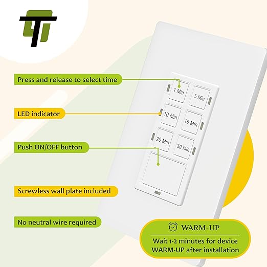 TG 30 Minute No Neutral Wire Countdown Timer Switch, 1-5-10-15-20-30 Min, for Bathroom Fans, Heaters, Lights, LED Indicator, 120VAC 800W, UL Listed, Screwless Wall Plate, White