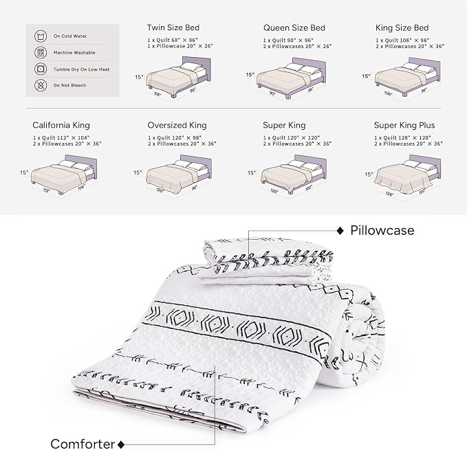 White King Size Quilt Set, 3 Pieces Boho Striped Bedspread | Soft Lightweight - Image 6