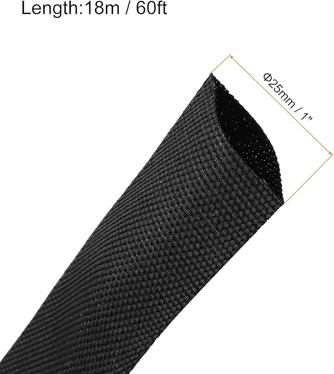 MECCANIXITY Braided Cable Sleeves Heat Shrinkable Fabric Sleeving, 1" 60ft Black 2:1 Ratio Heat Shrinkable Cord Protector for Harness Cable, Network Cable Protection, Cable Management