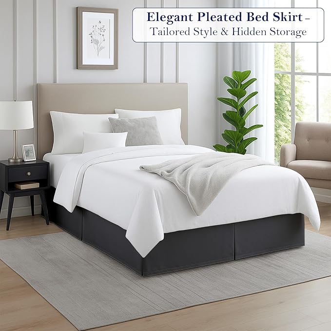 Full Bed Skirt, Luxury 24 Inch Drop Dark Grey Pleated Bed Skirt, Double Brushed Microfiber, Box Pleat Design, Wrinkle & Fade Resistant, Easy Fit Tailored Bedskirt for Full Size Beds