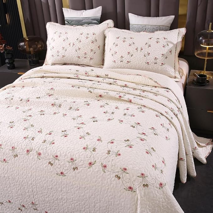 ROOMLIFE Quilt Set Twin Floral Leaves 3D Embroidery Pattern 2-Piece Cotton | by ROOMLIFE