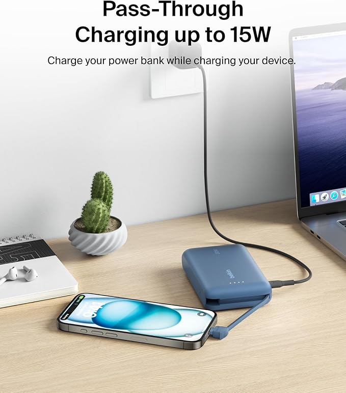 Belkin Portable Charger, Portable Power Bank with Integrated Cable 10000 mAh 20W - Fast Charge USB C Power Delivery - iPhone 17, Air, Pro, Pro Max, iPad, AirPods, Apple Watch, Galaxy S25, etc. - Blue