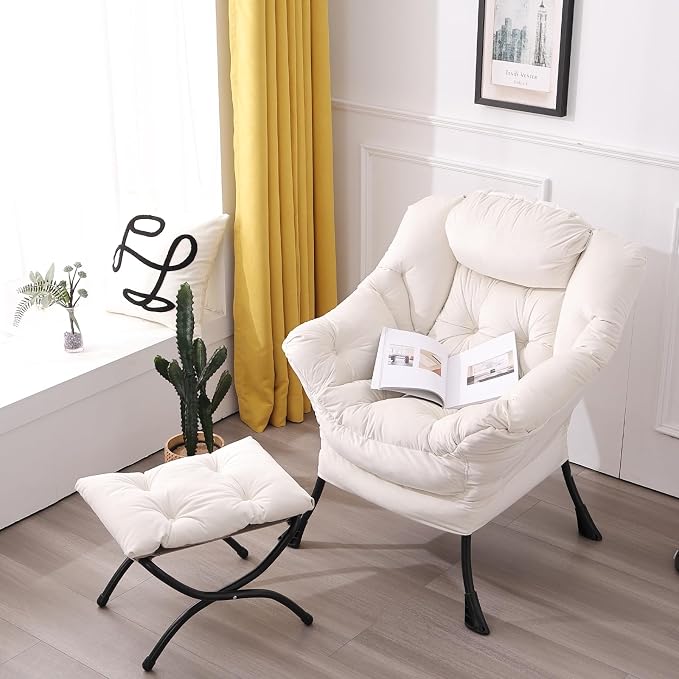Lazy Chair with Ottoman, Comfy Accent Reading Chair, Velvet Beige | Foldable - Image 9