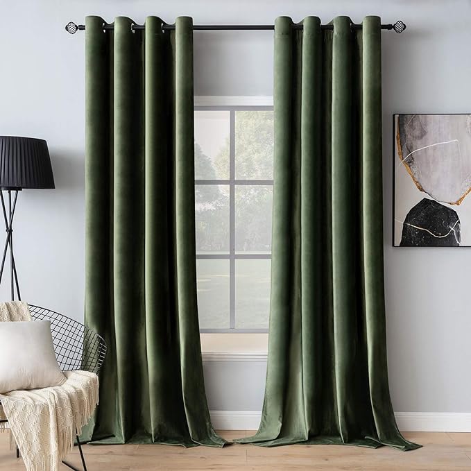 MIULEE Velvet Curtains Olive Green 52 x 90 Inch Length Set of 2 | Grommet Drapes by MIULEE